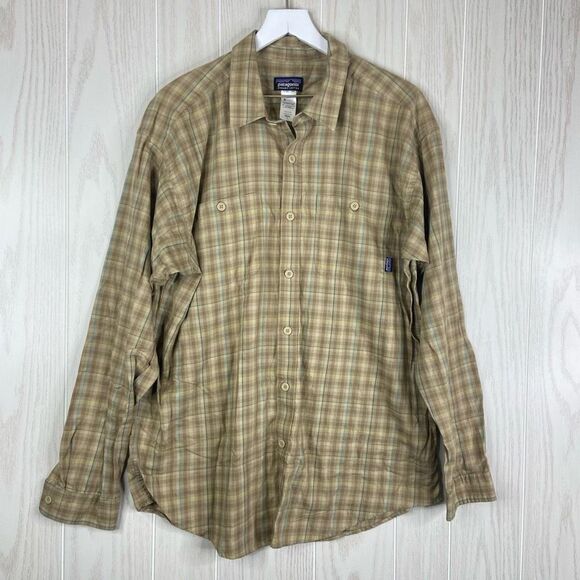 Patagonia Button-Down Shirt Mens Large 100% Organic Cotton Plaid Retro Khaki - Picture 1 of 6